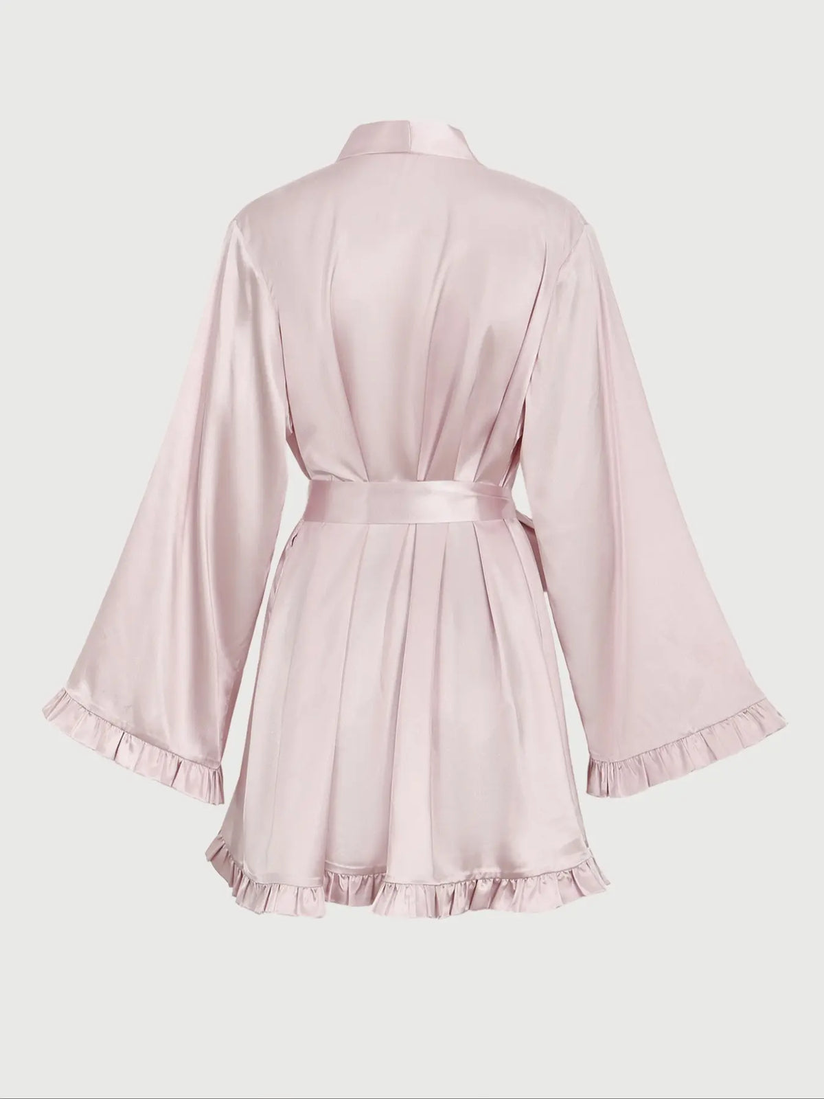 Elegant Satin Kimono Robe Loungewear Chic, Dusty Rose with Ruffle Cuffs & Hem, Long Sleeve Loose-Fitting Nightgown, Casual All Seasons Wear, Nightwear