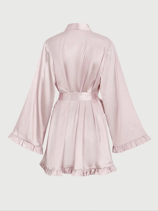 Elegant Satin Kimono Robe Loungewear Chic, Dusty Rose with Ruffle Cuffs & Hem, Long Sleeve Loose-Fitting Nightgown, Casual All Seasons Wear, Nightwear