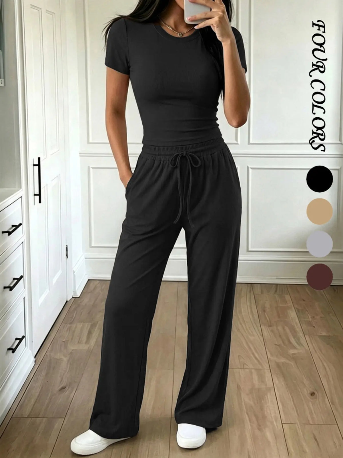 Women's Two-Piece Casual Set, Short Sleeve Top & Wide-Leg Pants with Pockets, Comfortable for Daily Wear, Casual Everyday Set