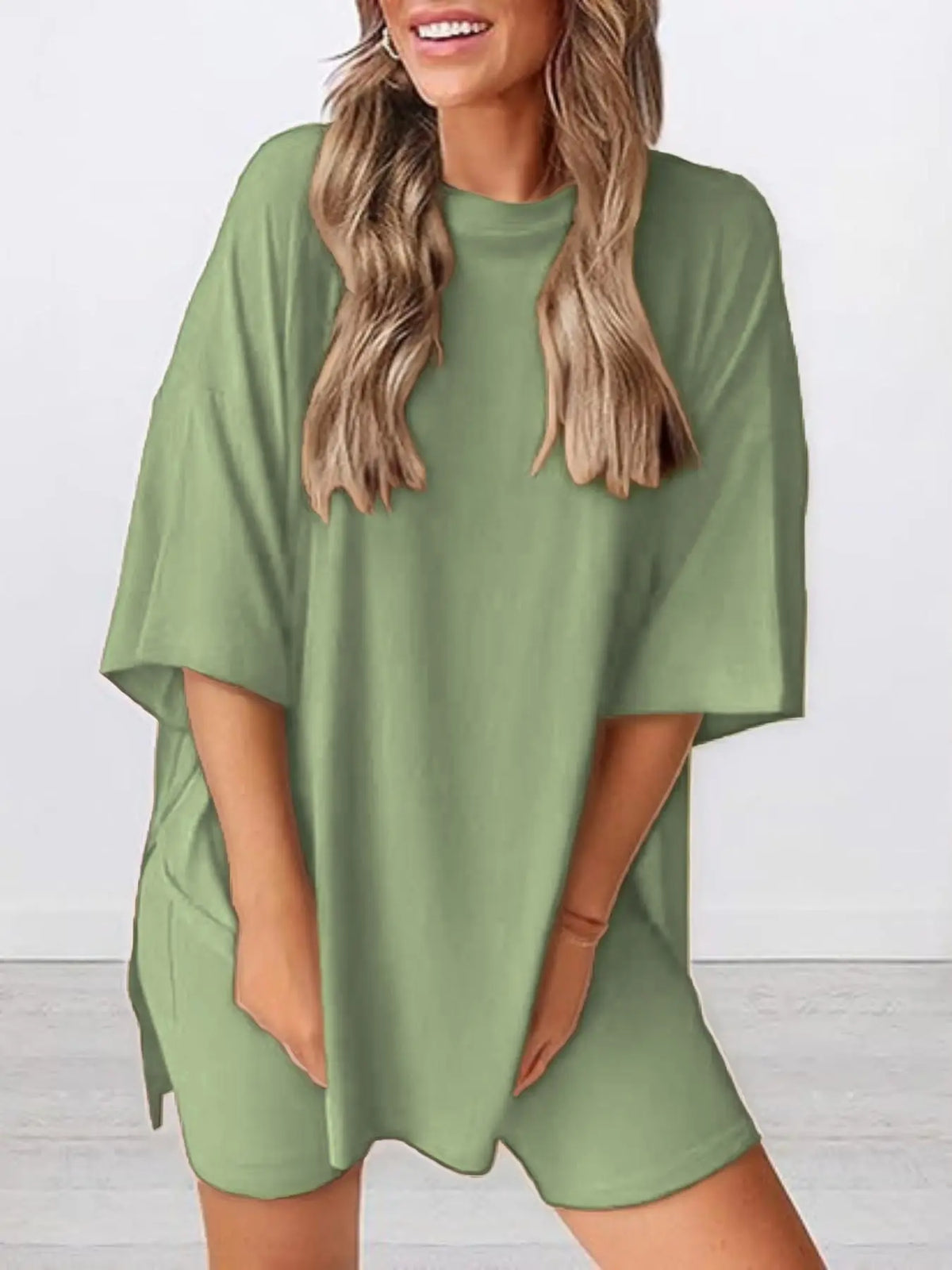 Women's Solid Color T-Shirt and Tight Shorts Set, Casual Summer Comfort Round Neck Sleepwear Loungewear, Pocket Design, Outdoor Wear, Lounge Clothes