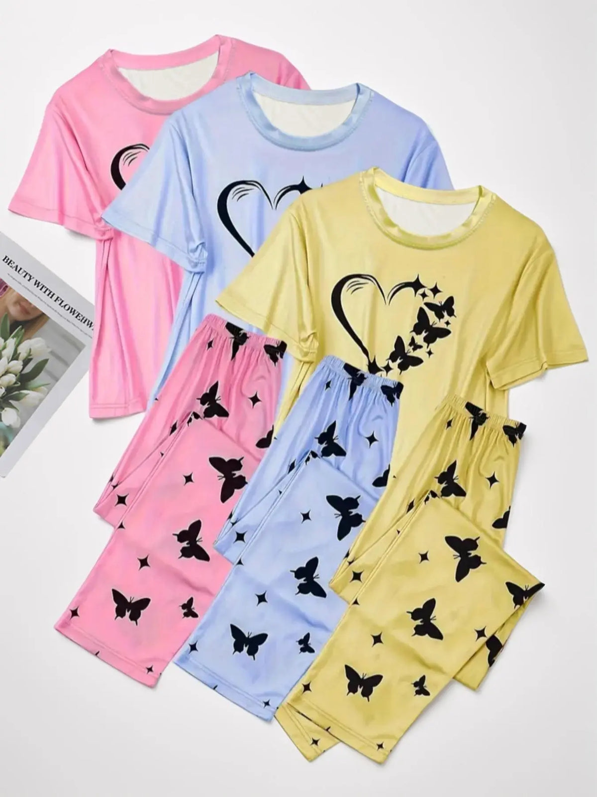 6 Counts Women's Heart & Butterfly Print Pajama Set, Short Sleeve Tee & Elastic Waist Pants Loungewear Set, Women Cute Nightwear, All Seasons Nightwear, PJ Sets for Women, Casual Sleepwear Loungewear, Love Print Sleepwear, Summer Outfits 2024
