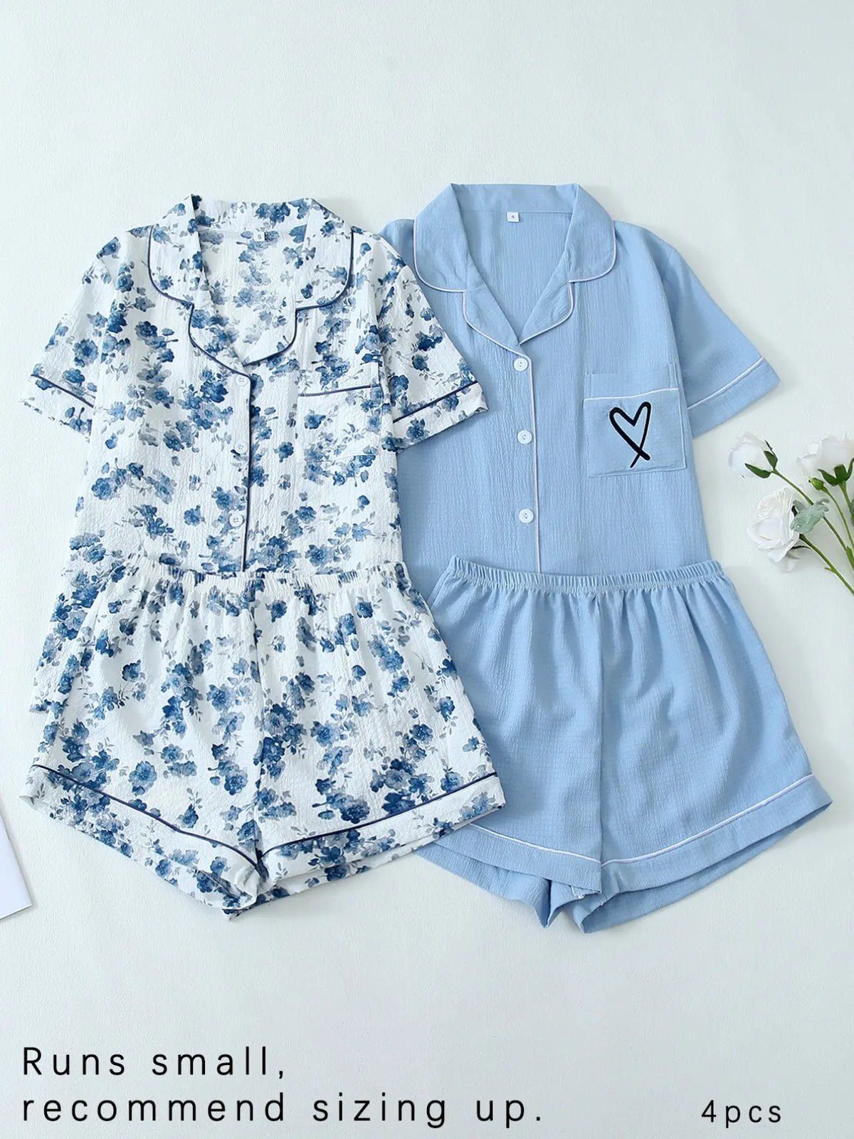 Women's All Over Print Woven Casual Loungewear Set, Contrast Binding Pocket Button Top & Elastic Shorts Pajama Set, Ladies Summer Pjs Nightwear Matching Pj Set