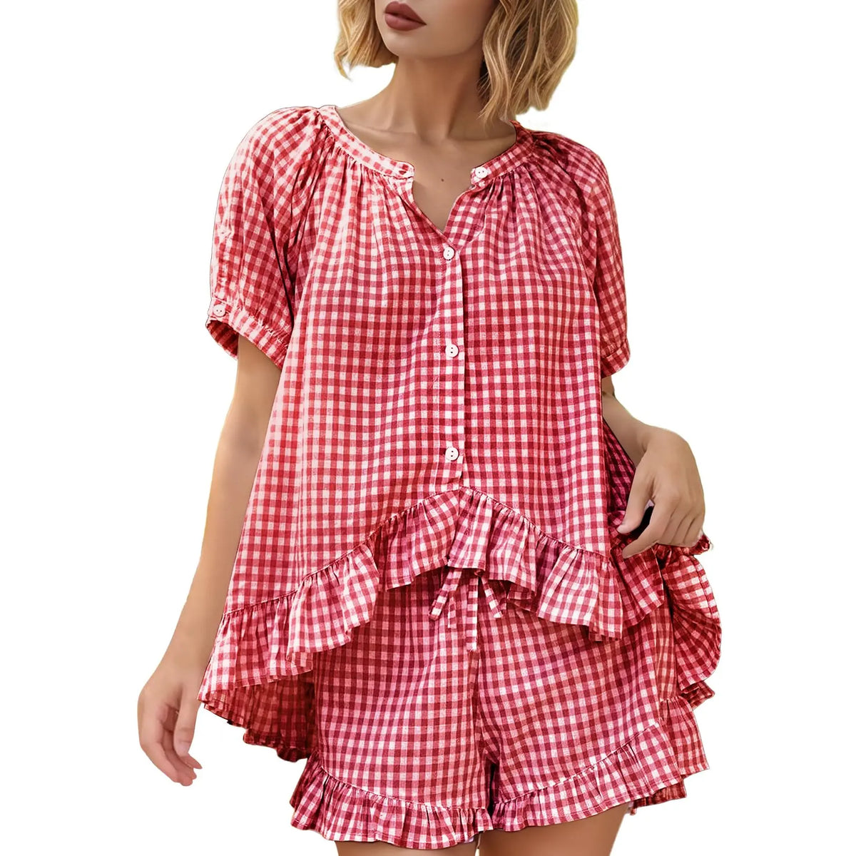 Arssm Women’s Gingham Pajamas Set – 2-Piece Cotton PJs with Ruffle Babydoll Shirt & Plaid Shorts for Cozy Sleepwear & Lounge Outfits