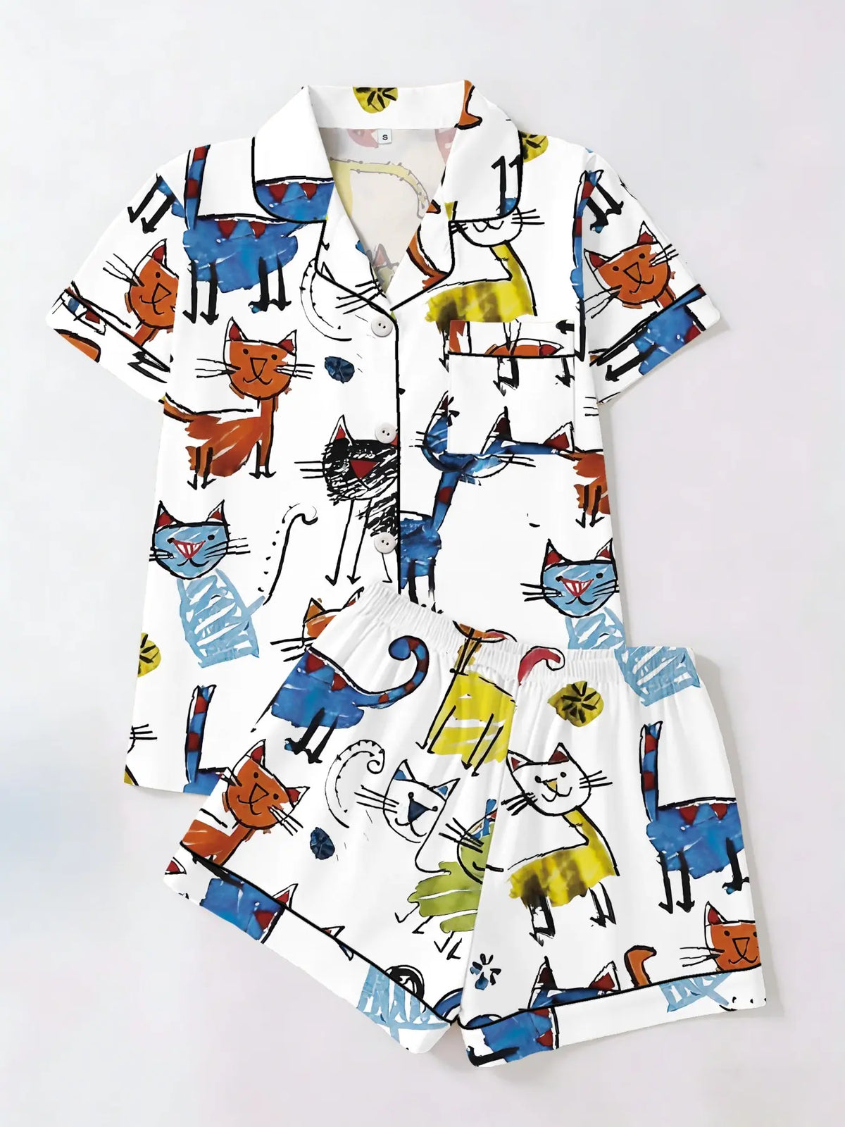 Cute Cat Garden Floral Print Short Sleeve Top Shorts Pajama Set, Fitted Casual Aesthetic Homeewear for Women, Casual Style Loungewear, All Seasons Wear, Two-Piece Sleepwear