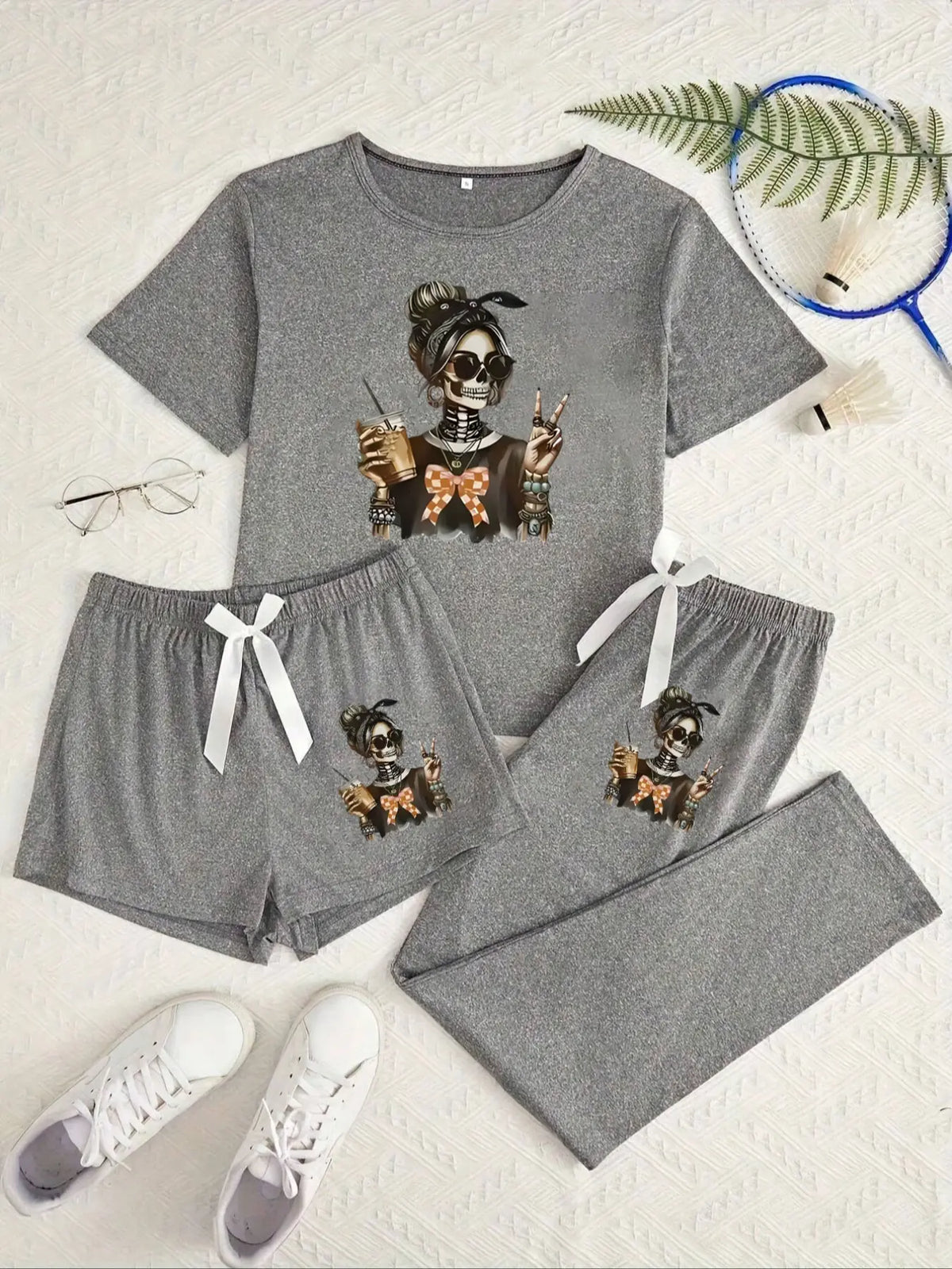 Halloween Skull Girl Print Pajama Chic Set Knit Pjs for Women, Fitted Pajama Sets, Casual Fitted Sleepwear Loungewear, All Seasons Comfortable Nightwear, Moderate Fabric Thickness, Everyday Womenswear