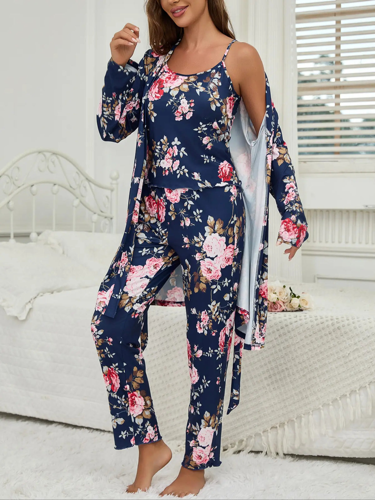 Women's All Over Floral Print Pajama Set, Long Sleeve Open Front Outwear & Pants & Cami Top, Casual Comfy Fitted Sleepwear Set for Women, Loungewear, Knit, Camisole