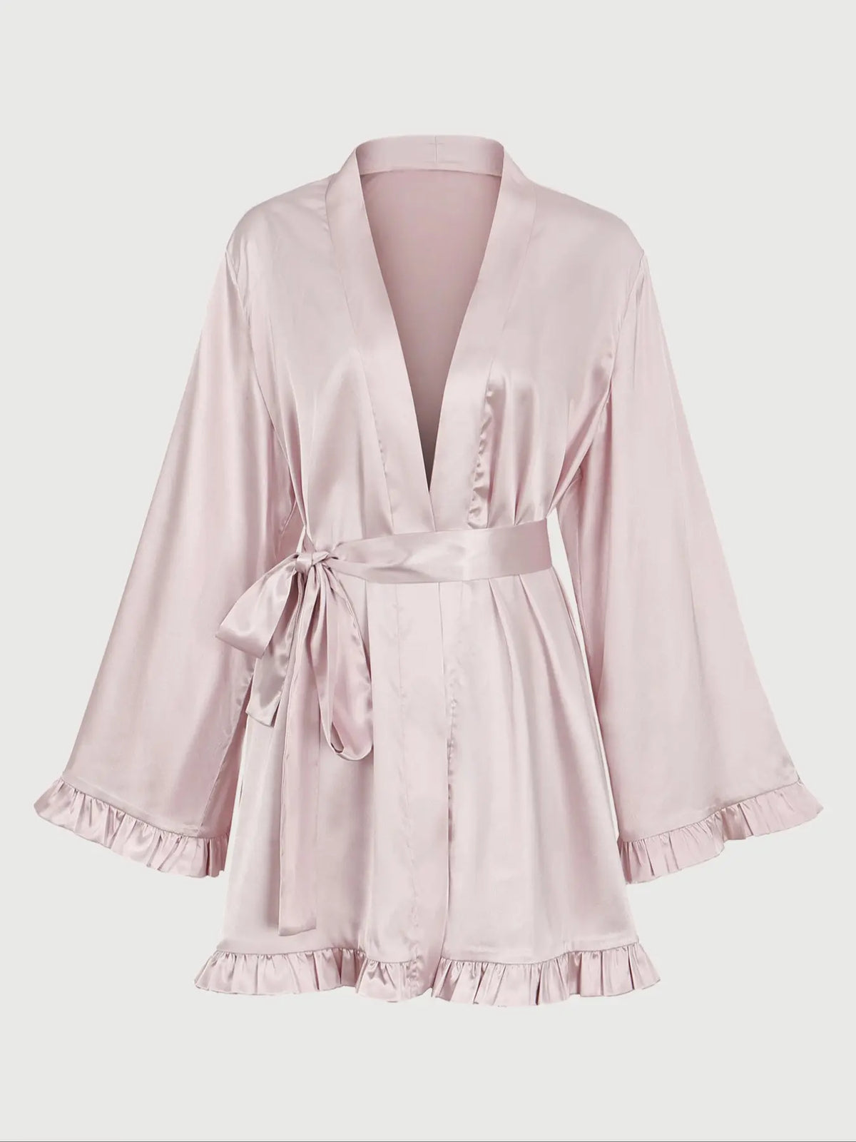 Elegant Satin Kimono Robe Loungewear Chic, Dusty Rose with Ruffle Cuffs & Hem, Long Sleeve Loose-Fitting Nightgown, Casual All Seasons Wear, Nightwear