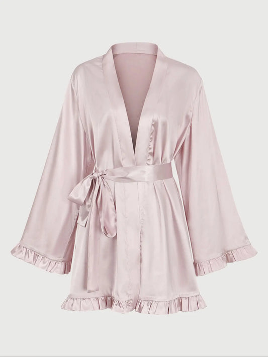 Elegant Satin Kimono Robe Loungewear Chic, Dusty Rose with Ruffle Cuffs & Hem, Long Sleeve Loose-Fitting Nightgown, Casual All Seasons Wear, Nightwear