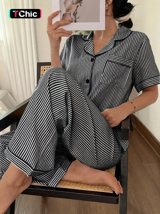 Women's Striped Print Button Front Short Sleeve Top and Bow Tie Long Pants Pajama Set, Casual Home Wear, All Seasons Loungewear, Nightwear Sleepwear