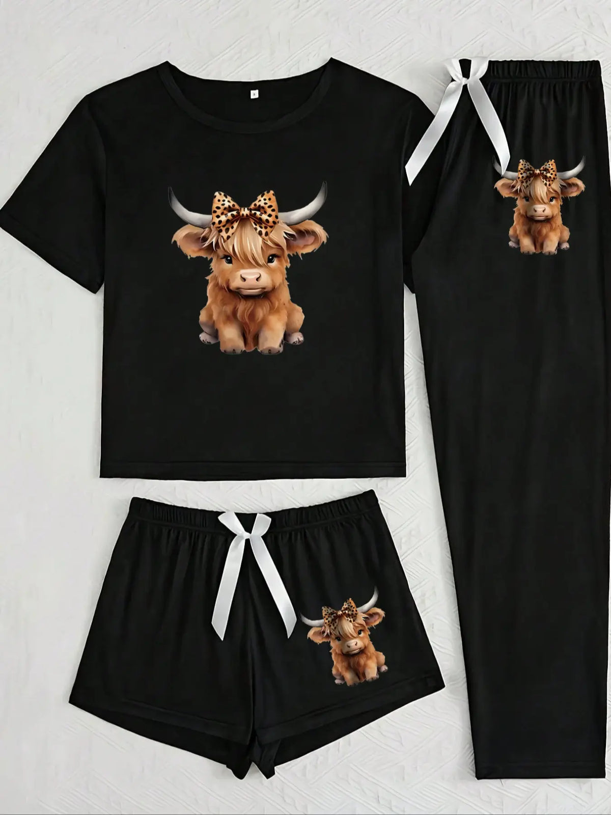 Cartoon Highland Cow Print Women's Pajama Sets, Casual Pajamas Set, Casual Comfy Pajama, Matching Pyjamas, Casual All Seasons Nightwear, Fitted Knitted Fabric Sleepwear & Loungewear