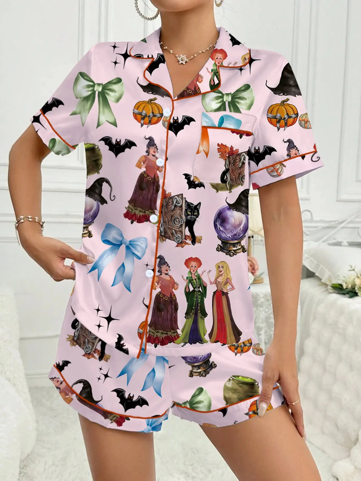 【Halloween】 Pumpkin & Bat Print Short Sleeve Fitted Women's Pajama Set Pjs, Knitted Fabric Sleepwear, Comfortable Elastic Casual Sleepwear and Loungewear for Halloween, Perfect for Sleep and Leisure