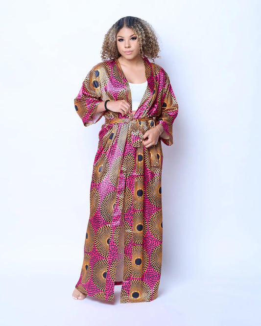 Women's Long-Sleeve African Print 100% Luxury Poly-Satin Bathrobe - Adjustable Strap, Ultra Smooth, Exotic Aura, All Seasons, One Size Pink/Yellow Bridal Loungewear Gown with Modern Spin