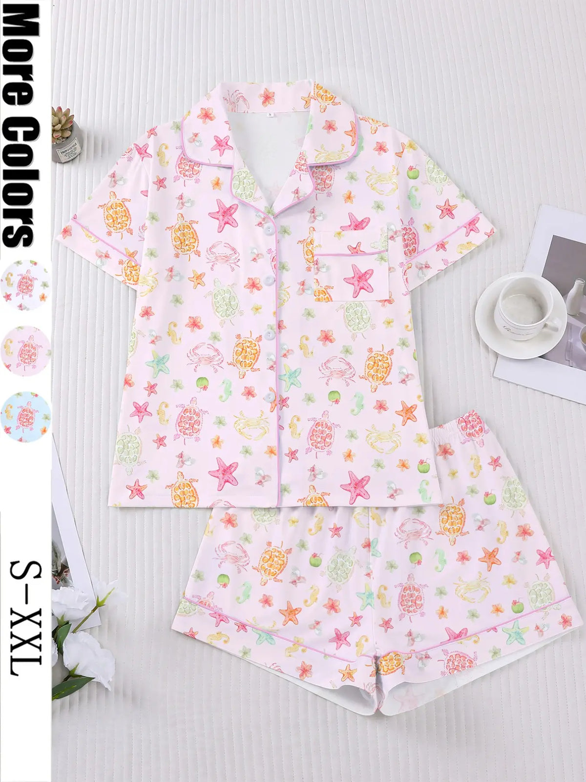 Women's 2-Piece Short Sleeve Sleepwear Set, Pajama Set, Homewear & Loungewear, Fun Oceanic Cartoon Print, Casual Nightwear, Comfortable Lapel Top & Wide Leg Shorts, Lounge Pjs Set
