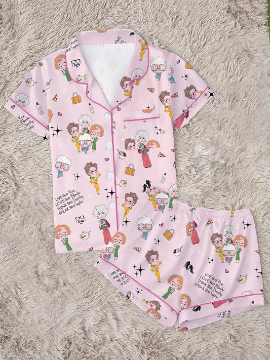 Classic Golden Girls Theme Print Lapel Short Sleeve Shirt & Shorts Fitted Collared Set, Casual Pajamas Set, Polyester Loungewear Set, Casual Chic Style Comfortable Lightweight Loungewear Nightwear for All Seasons, Ideal Party Gift Pjs, Pajama Sets