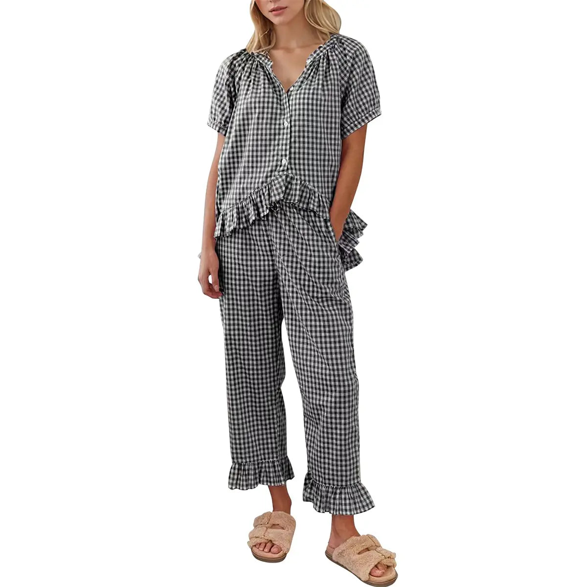 SCUSTY Women Two Piece Sets Y2k Plaid Pajama Sets Ruffle Hem Gingham Short Sleeve Shirt High Waist Bell Bottom Pants Lounge Cute Soft Sets