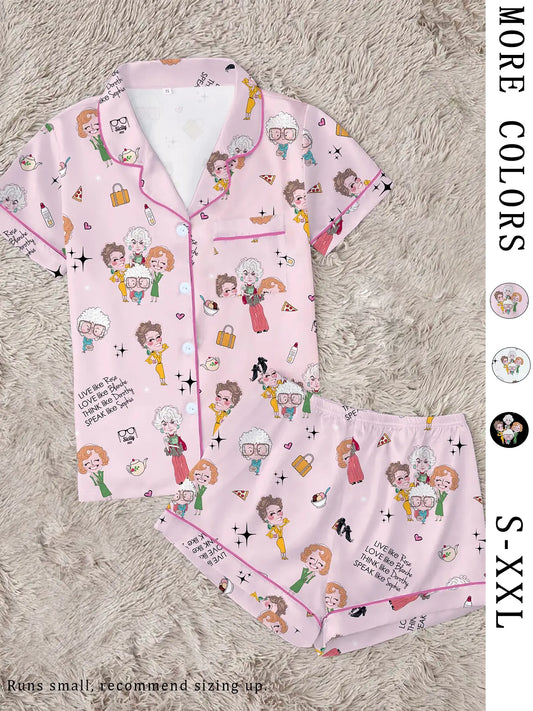 Classic Golden Girls Theme Print Lapel Short Sleeve Shirt & Shorts Fitted Collared Set, Casual Pajamas Set, Polyester Loungewear Set, Casual Chic Style Comfortable Lightweight Loungewear Nightwear for All Seasons, Ideal Party Gift Pjs, Pajama Sets