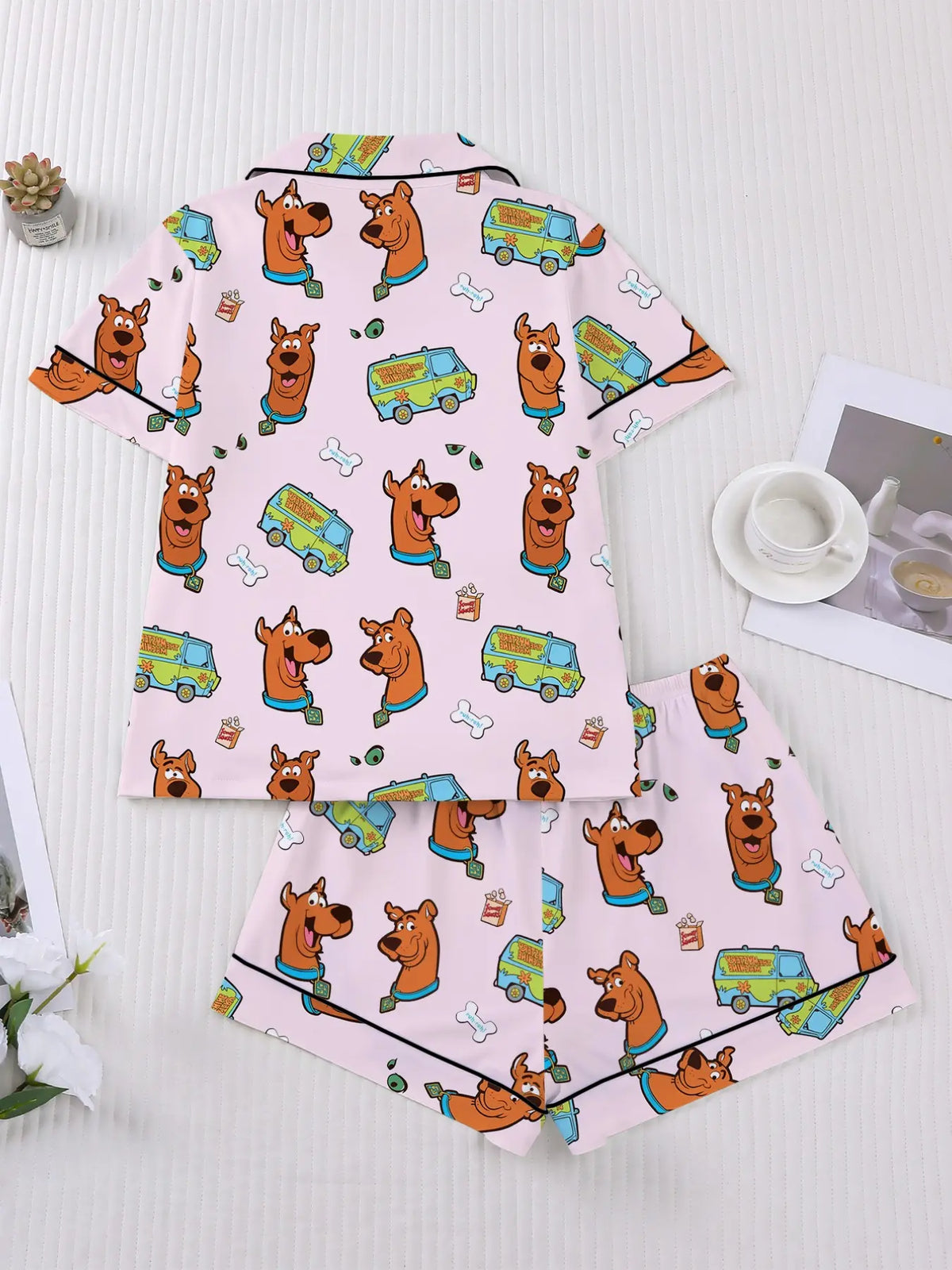 Women's Cartoon Pajama Set, Loungewear, Pyjamas, Pjs, Short Sleeve Button Front Top & Elastic Shorts, Elegant Fitted Sleepwear, Comfortable Homewear, Cartoon Pattern Pajamas