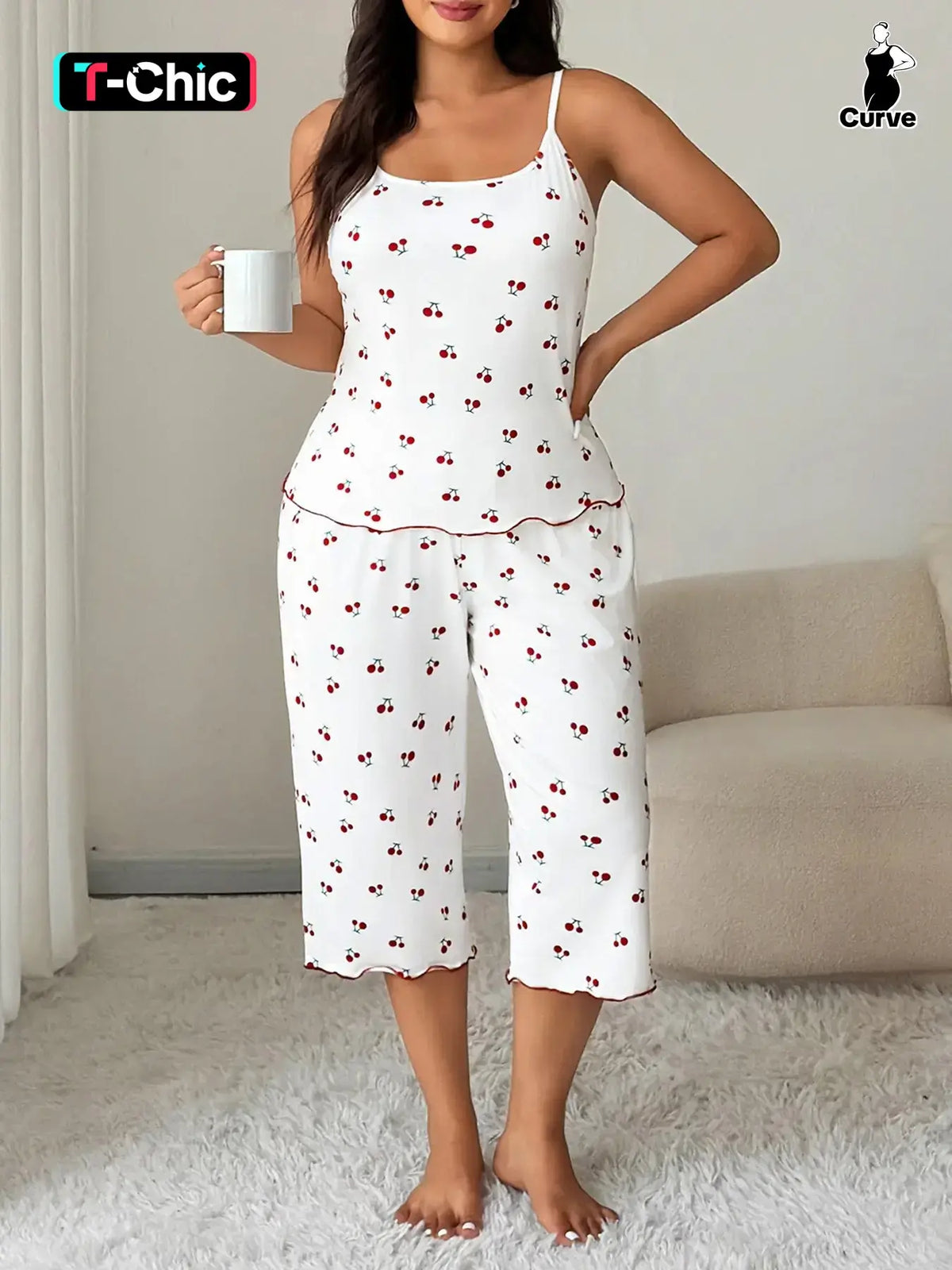 Women's Cherry Print Sleeveless Pajama Set, Cami Top & Wide-Leg Pants, Comfortable Stretch Sleepwear & Loungewear for All Seasons