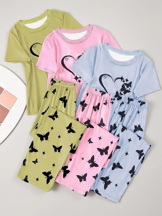 6 Counts Women's Heart & Butterfly Print Pajama Set, Short Sleeve Tee & Elastic Waist Pants Loungewear Set, Women Cute Nightwear, All Seasons Nightwear, PJ Sets for Women, Casual Sleepwear Loungewear, Love Print Sleepwear, Summer Outfits 2024