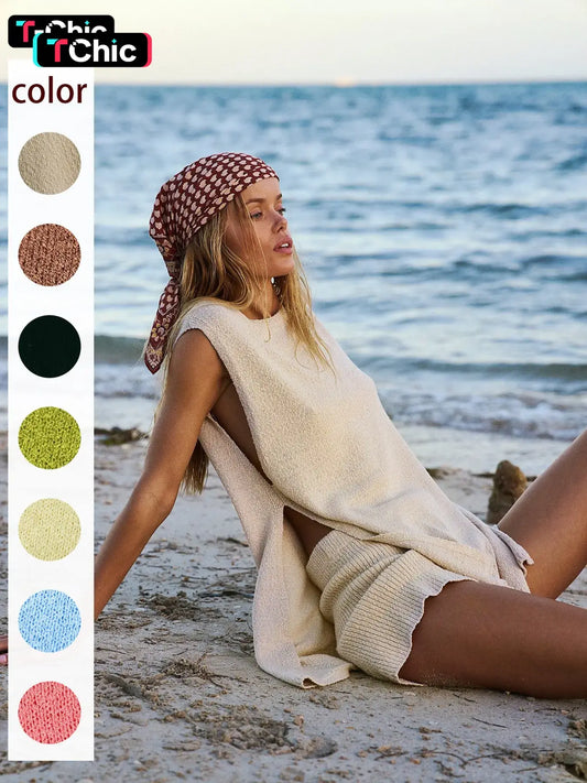 Women's Solid Color Knit Tank Top & Shorts Two-piece Set, Casual Fashion Cozy Loungewear Knitwear Set for Daily Outdoor Wear, Ladies Clothes for Summer, Casual Lounge Sets, Casual Style Loungewear, Womenswear