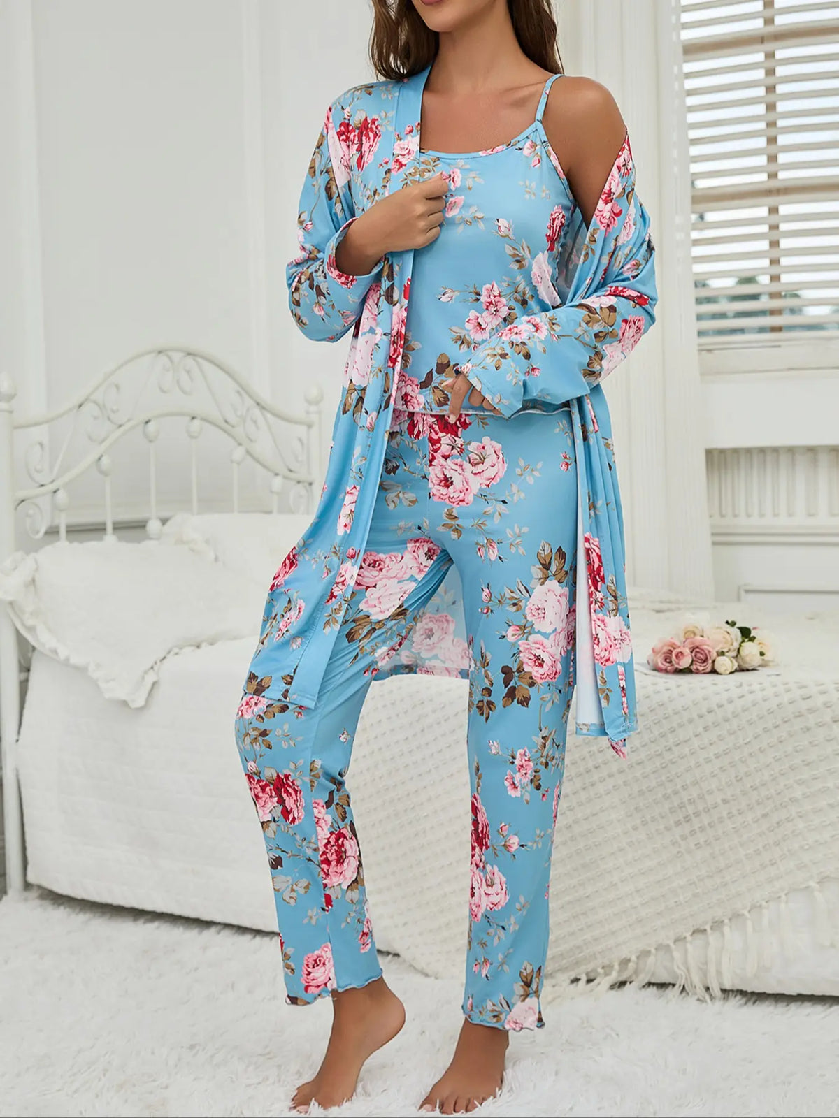 Women's All Over Floral Print Pajama Set, Long Sleeve Open Front Outwear & Pants & Cami Top, Casual Comfy Fitted Sleepwear Set for Women, Loungewear, Knit, Camisole