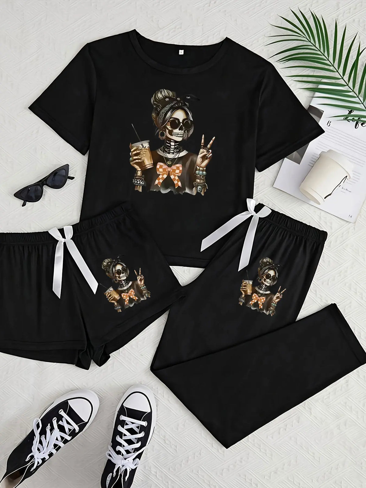 Halloween Skull Girl Print Pajama Chic Set Knit Pjs for Women, Fitted Pajama Sets, Casual Fitted Sleepwear Loungewear, All Seasons Comfortable Nightwear, Moderate Fabric Thickness, Everyday Womenswear