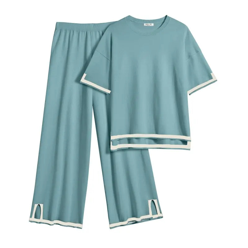Ekouaer Women's 2-Piece Soft Solid Knitting Rayon Loungewear Set - Crew Neck Pullover Sweater Top with Patchwork Sleeves, Wide Leg Tracksuit Pants with Split Design, Casual Nightwear