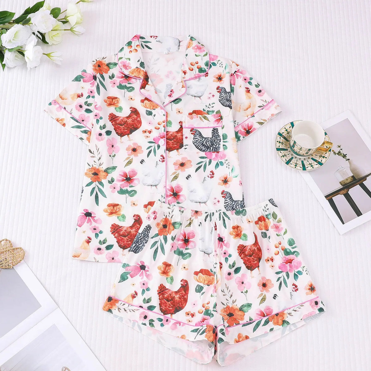 Msrlassn Women's Halloween Print Lapel Neck Pajama Set Casual Comfy Short Sleeve Top & Shorts Pj Set Ladies Sleepwear for All Seasons Loungewear