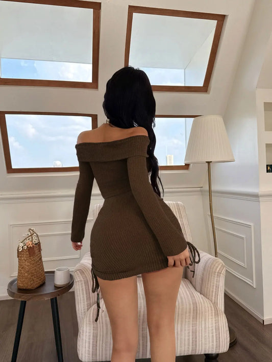 Autumn Summer Women's Fashion Chic Sexy Knitted Short Sleeve One-Shoulder Pajama Set Top Skirt Nightwear Outfit Loungewear, Elegant Slim-Fitting Plain Pattern Womenswear