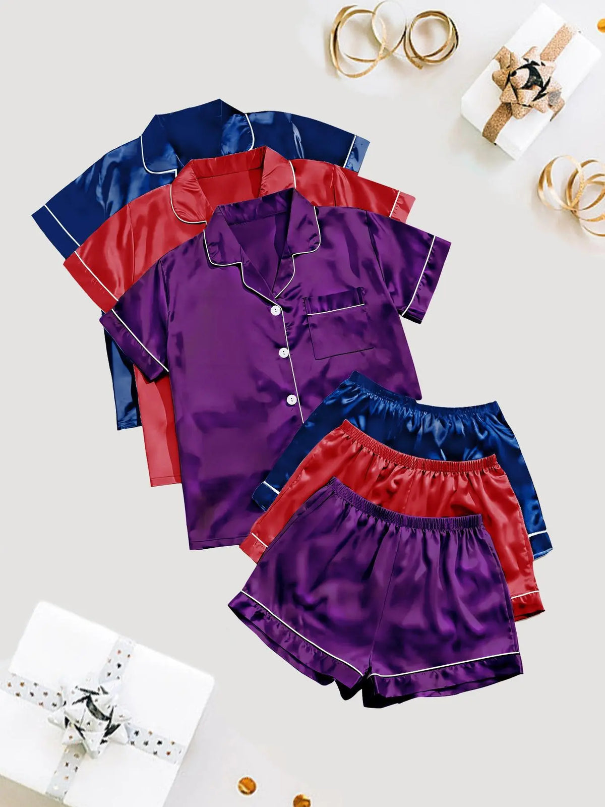 Women's Solid Satin Pyjama Set, Short Sleeve Button Front Lapel Shirt & Contrast Binding Shorts PJ Set, Summer Sleepwear Set, Loungewear, Pajamas, Silky Satin Pajama