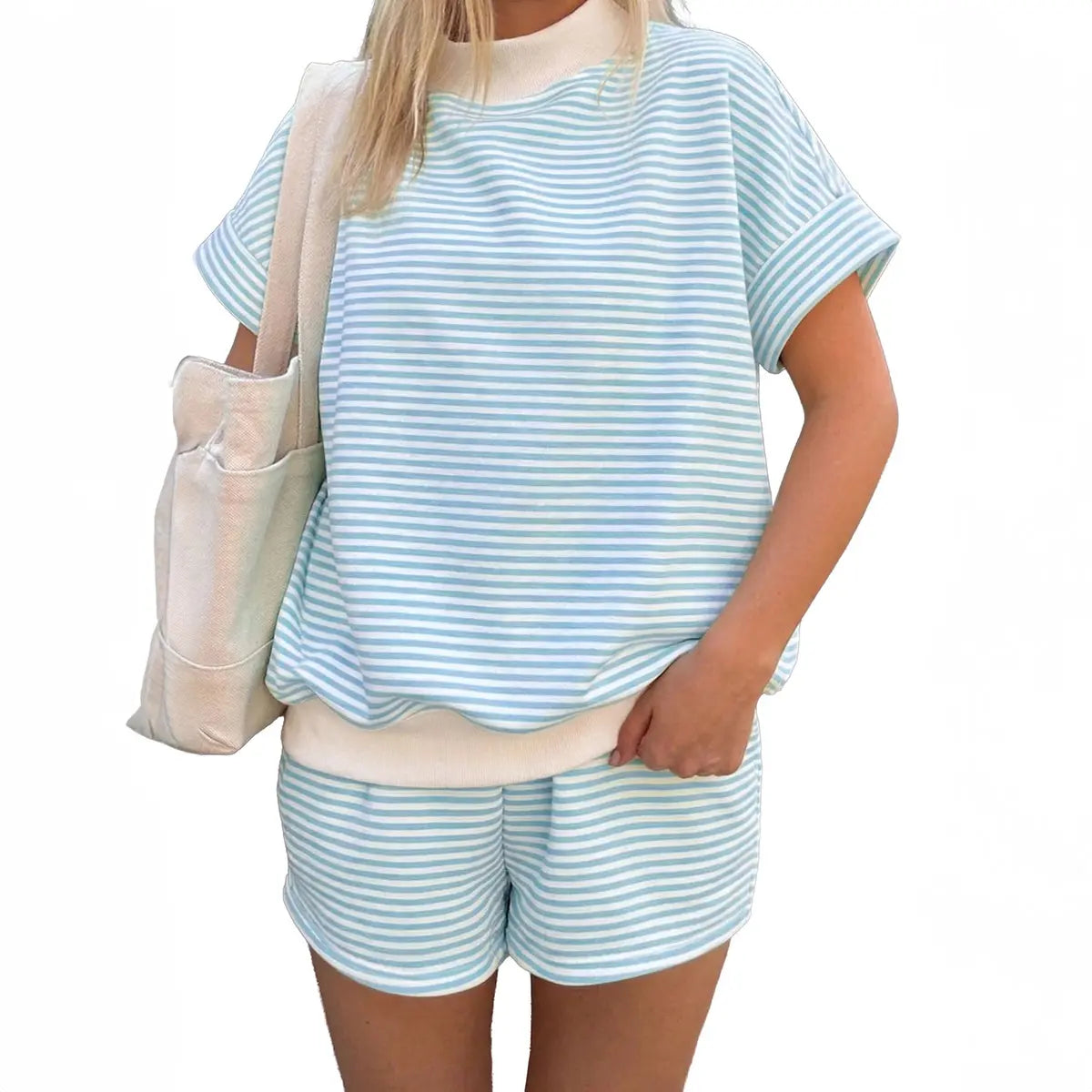 Mntaor Women’s Stripe Color Block Long Sleeve Pullover & Elastic Waist Shorts 2-Piece Set Cozy Chic Loungewear Pajama for Home Errands Casual Weekend Vibes Nightwear Womenswear