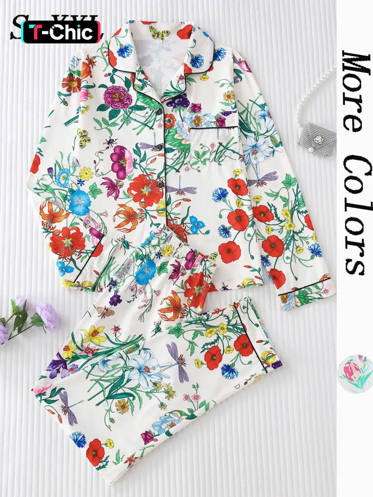 Women's All Over Floral Print Button Front Pocket Shirt & Elastic Waist Pants Pyjama Set, Pyjamas Set, Casual Comfy Two-piece Pj Set, Ladies Sleepwear for All Seasons, Loungewear