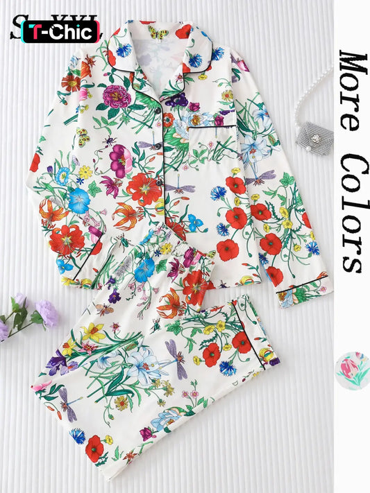 Women's All Over Floral Print Button Front Pocket Shirt & Elastic Waist Pants Pyjama Set, Pyjamas Set, Casual Comfy Two-piece Pj Set, Ladies Sleepwear for All Seasons, Loungewear