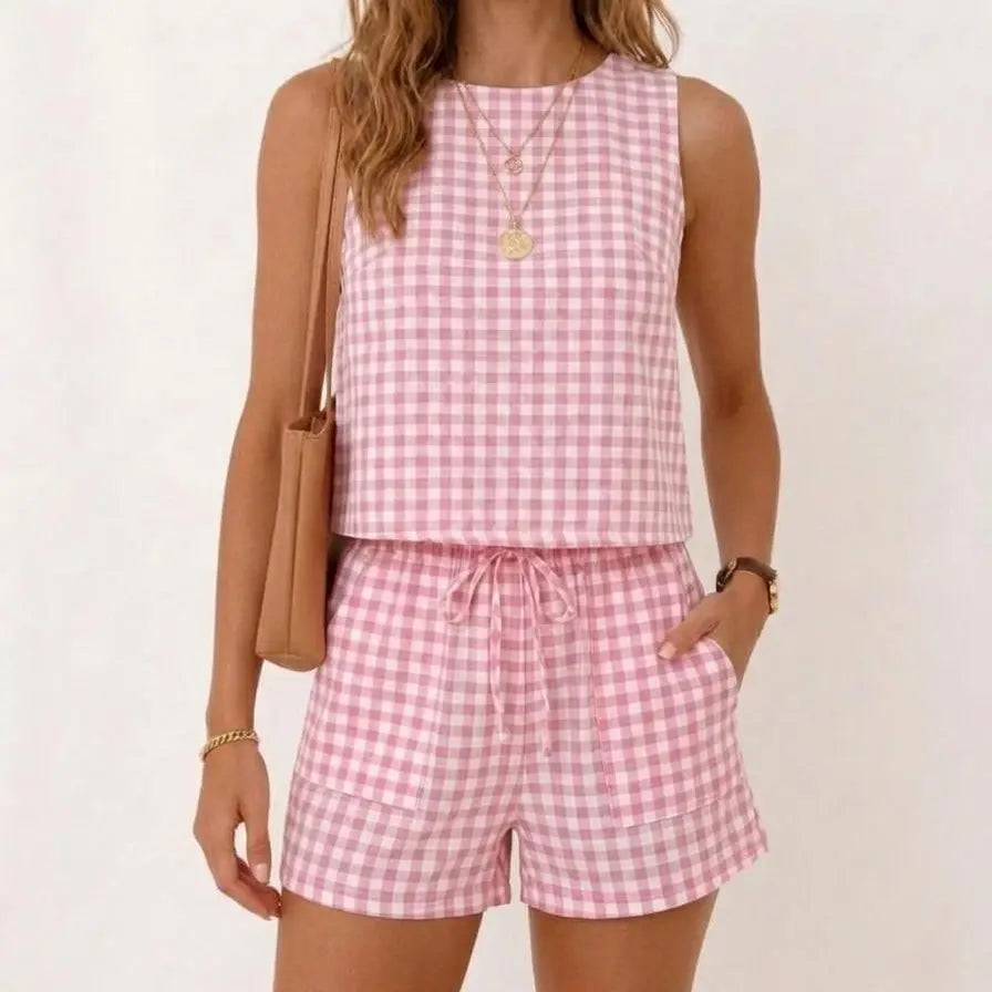 IDEALSANXUN Women's 2-Piece Casual Fashion Set - Sleeveless Round Neck (Crew Neck) Ribbed Gingham Knit Top & Above-the-Knee Shorts, Spring Summer Womenswear Clothing Set