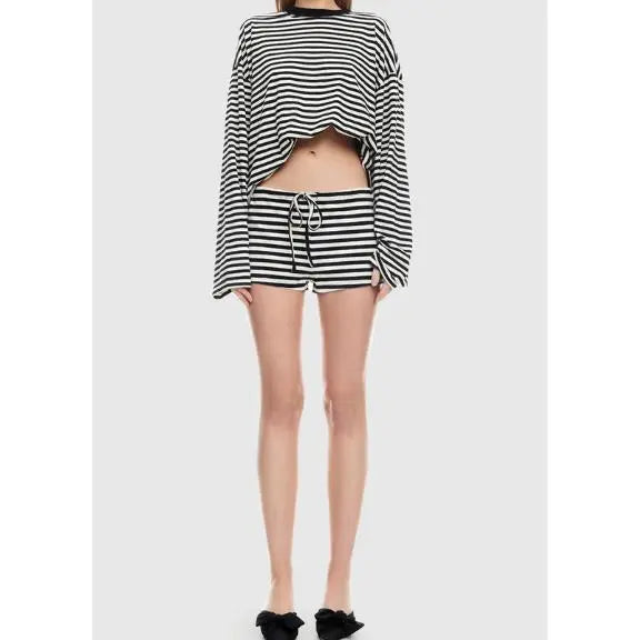 Women's Loungewear Set Soft Polyester Blend Long Sleeve Crop Top And Shorts Comfy Sleepwear