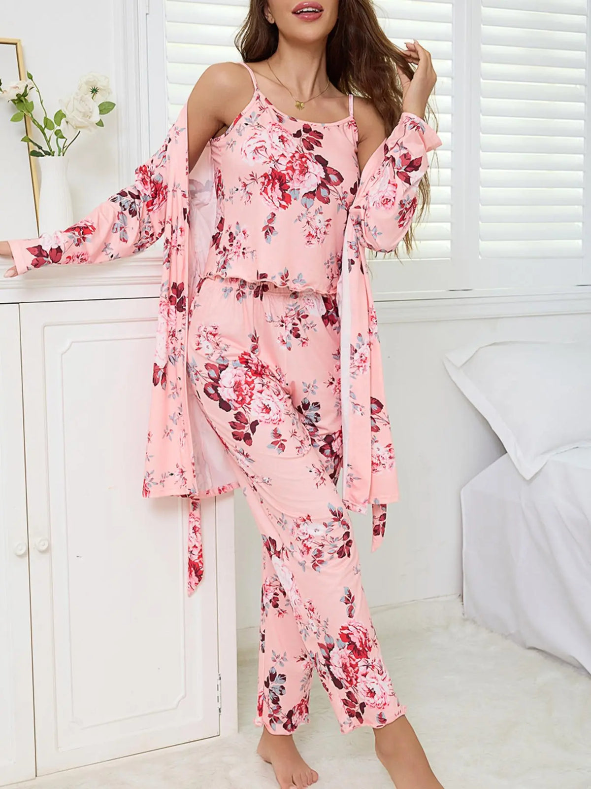Women's All Over Floral Print Pajama Set, Long Sleeve Open Front Outwear & Pants & Cami Top, Casual Comfy Fitted Sleepwear Set for Women, Loungewear, Knit, Camisole
