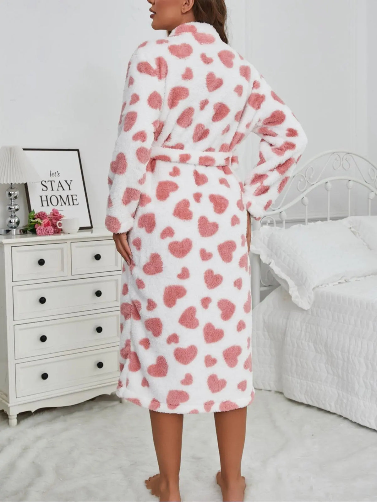 Women's Heart Print Belted Pocket Lounge Bathrobe with Belt, Casual Long Sleeve V Neck Warm Robe, Ladies Sleepwear for Fall & Winter, Loungewear, Night Gown, Womenswear, Homewear