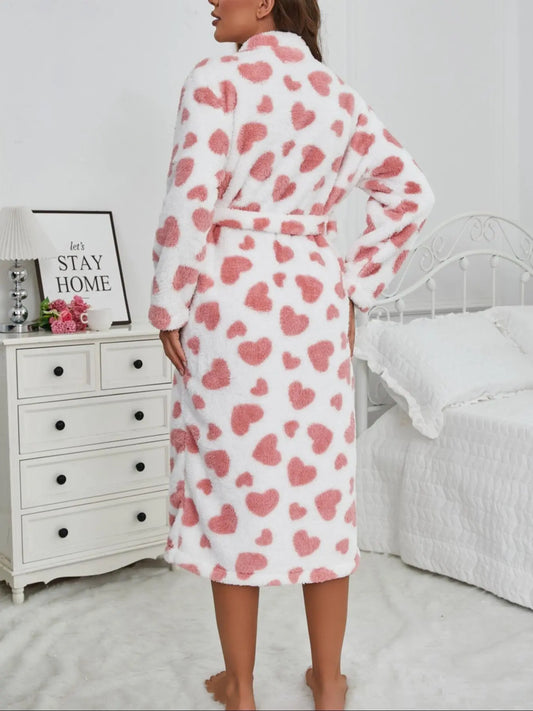 Women's Heart Print Belted Pocket Lounge Bathrobe with Belt, Casual Long Sleeve V Neck Warm Robe, Ladies Sleepwear for Fall & Winter, Loungewear, Night Gown, Womenswear, Homewear