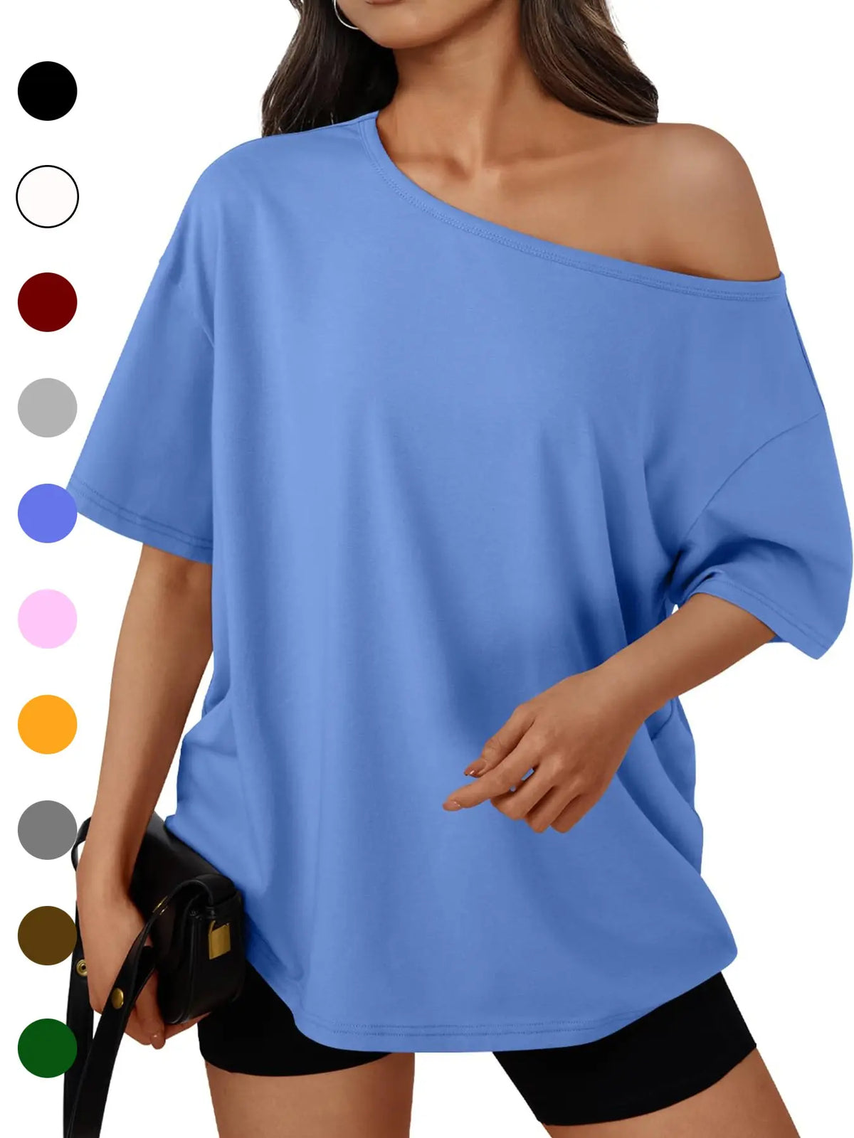 Women's Summer Shoulder-Exposed Sleepwear Set, Loose Fit Short Sleeve T-Shirt, Casual Home Wear, Outdoor Use, Loungewear, 1 Piece, Loose Lounge Clothes