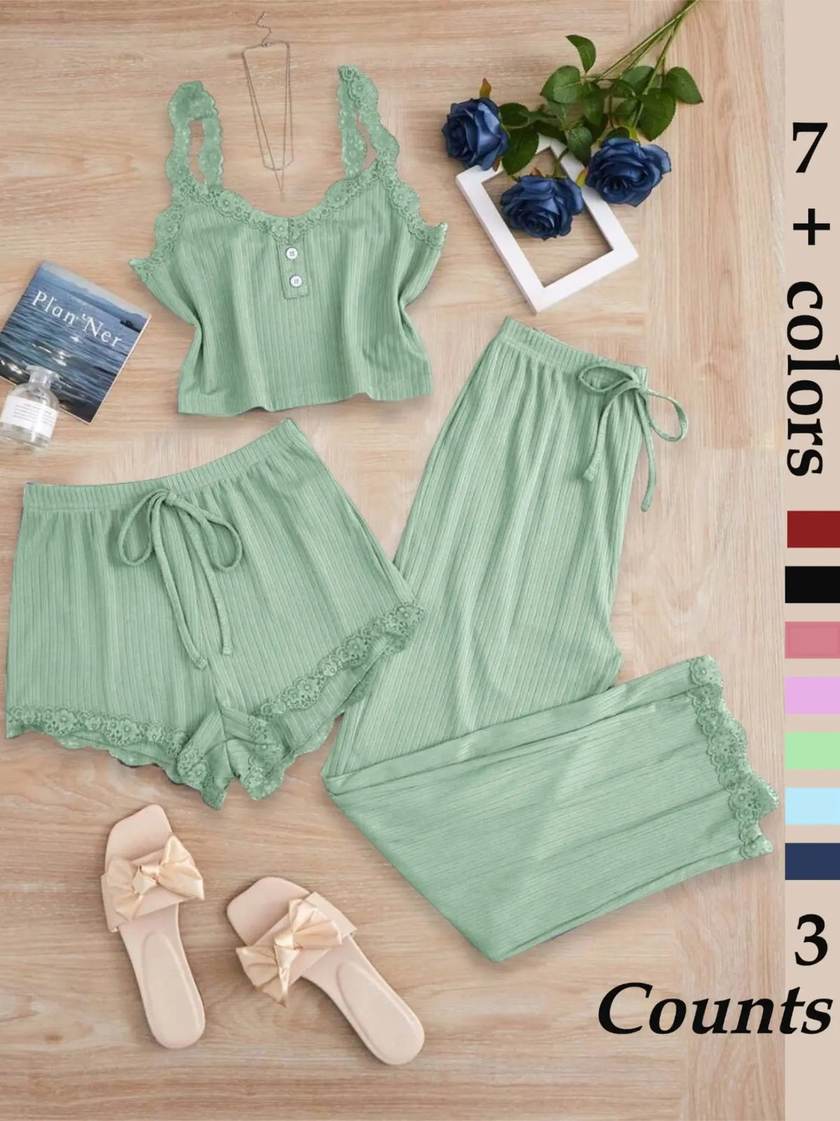Women's Sleepwear Set, Three-Piece Lace Trim Tank Top & Shorts & Long Pants Pajamas, Soft Breathable Comfortable Casual Loungewear Outfits, Home Clothes Loungewear