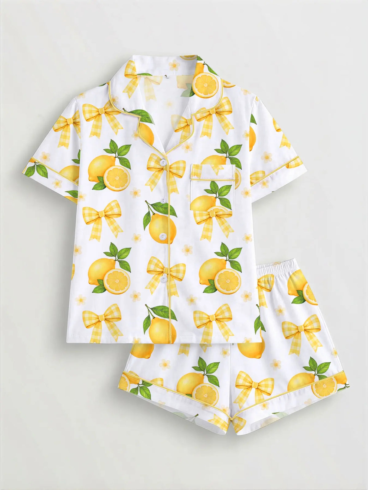 Women's Lemon & Bowknot Print Pyjama Set, Short Sleeve Button-Up Top & Elastic Waist Shorts, Casual Sleepwear & Loungewear for All Seasons, Pajamas