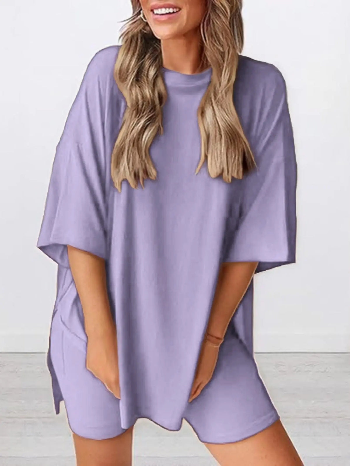 Women's Solid Color T-Shirt and Tight Shorts Set, Casual Summer Comfort Round Neck Sleepwear Loungewear, Pocket Design, Outdoor Wear, Lounge Clothes
