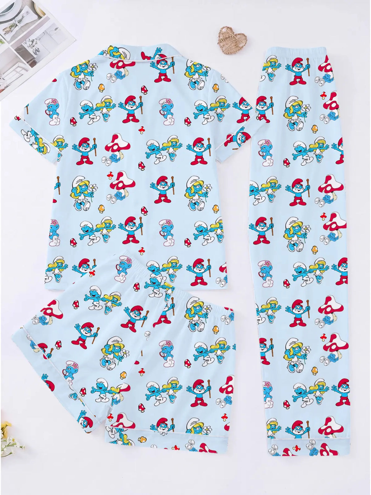 3-Piece Light Blue Smurfette Women's Loungewear Pajama Set, Short Sleeve Button-Down Top, Elastic Shorts & Pants, Comfortable Home Wear, Pajamas Sleepwear
