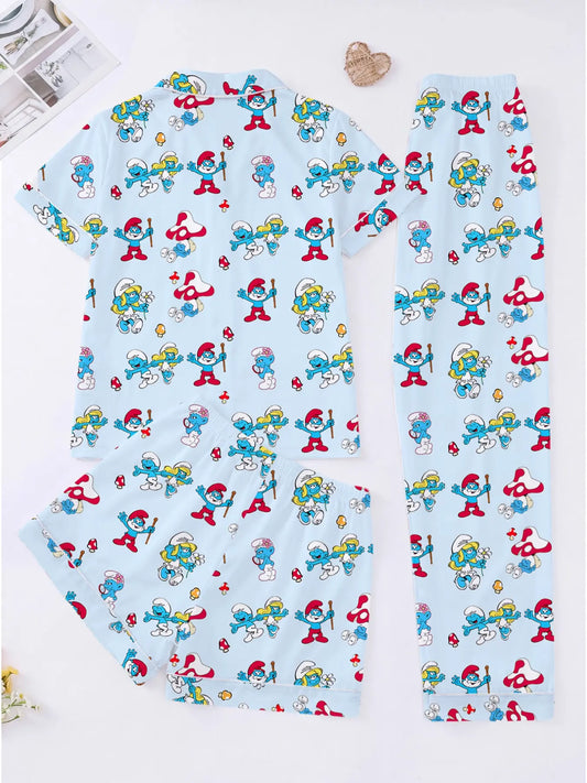 3-Piece Light Blue Smurfette Women's Loungewear Pajama Set, Short Sleeve Button-Down Top, Elastic Shorts & Pants, Comfortable Home Wear, Pajamas Sleepwear
