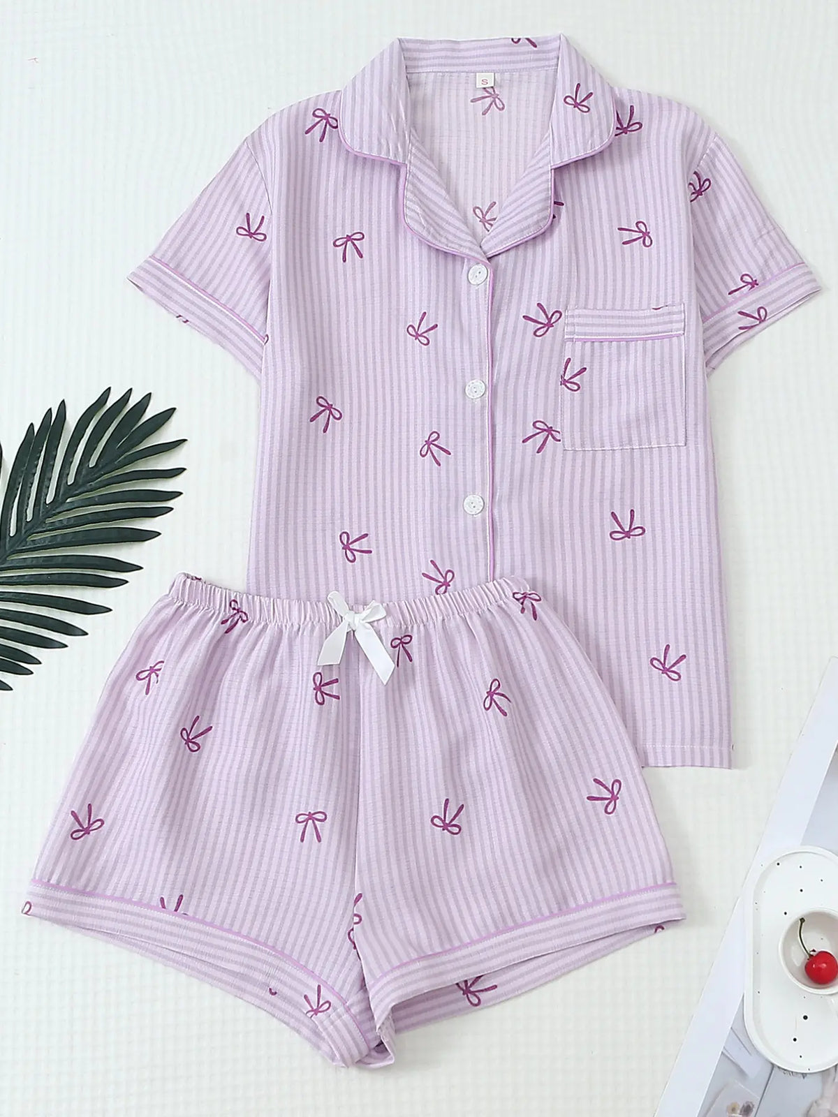 Women's Bow Print Stripe Shirt & Shorts Pyjama, Casual Comfy Short Sleeve Woven Pj Set, Ladies Sleepwear for Summer, Pajamas Sleepwear, Loungewear, Pajama Set