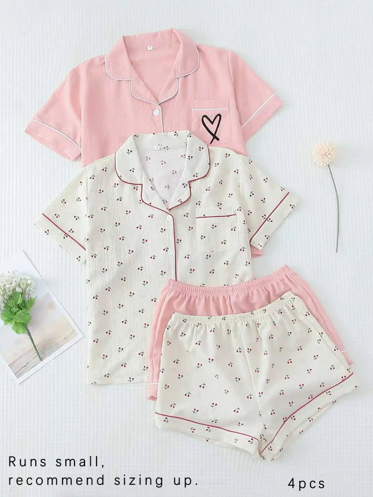 Women's All Over Print Woven Casual Loungewear Set, Contrast Binding Pocket Button Top & Elastic Shorts Pajama Set, Ladies Summer Pjs Nightwear Matching Pj Set