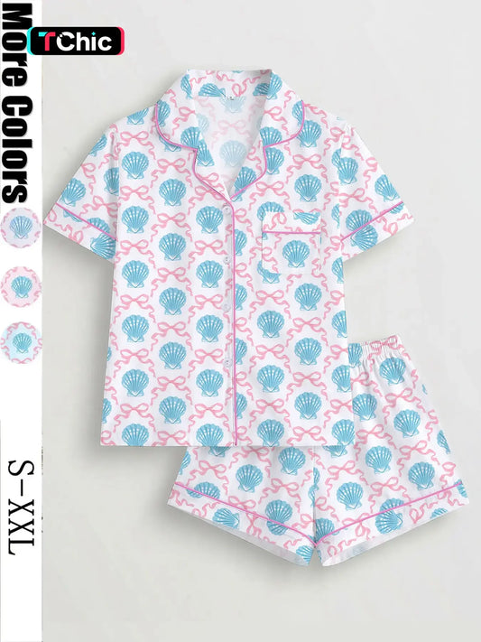Women's 2-Piece Pajama Set, Shell Butterfly Print, Casual Fitted Top & Elastic Shorts, Comfortable Home Wear, Perfect Gift, Knit Loungewear Pajamas