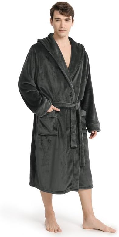 Yurhap Hooded Mens Robe, Cozy Fleece Bathrobe for Men, Plush Robe with Belt