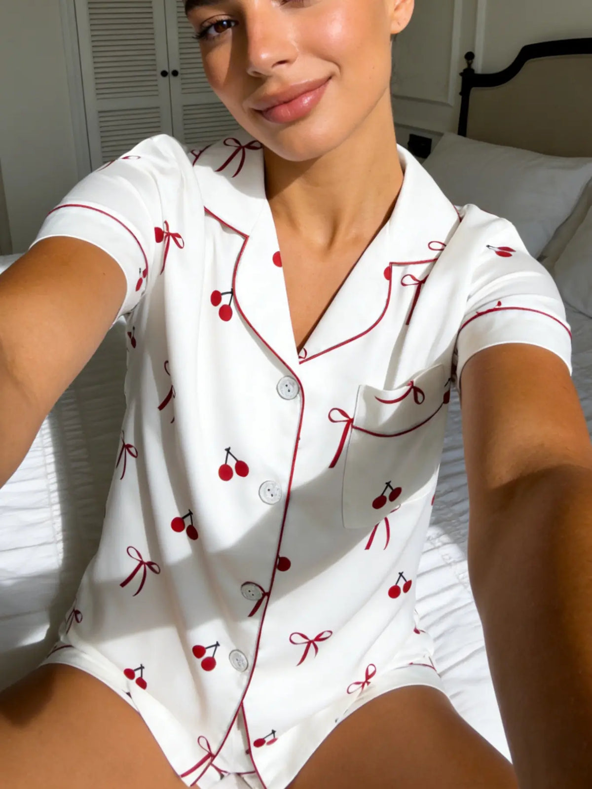Women's Cherry Bow Printed Sleepwear Set, Short Sleeve Shorts Lapel Open Front Home Wear Two-Piece Set, Comfortable Sofa Loungewear Pajamas