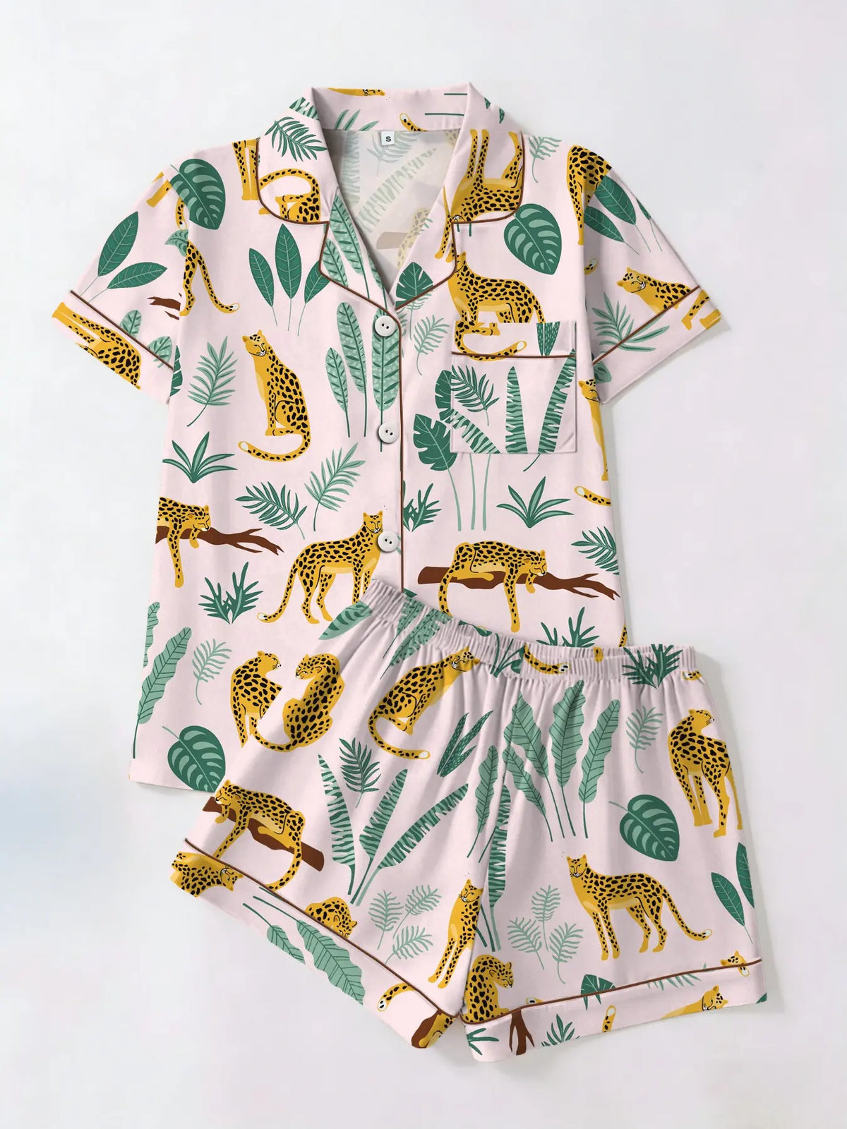 Cute Cat Garden Floral Print Short Sleeve Top Shorts Pajama Set, Fitted Casual Aesthetic Homeewear for Women, Casual Style Loungewear, All Seasons Wear, Two-Piece Sleepwear